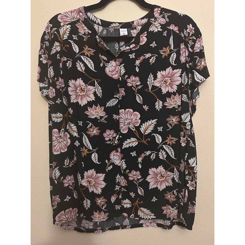 Old Navy Floral‎ Button Blouse Womens Large Black Pink Excellent Flutter Sleeve